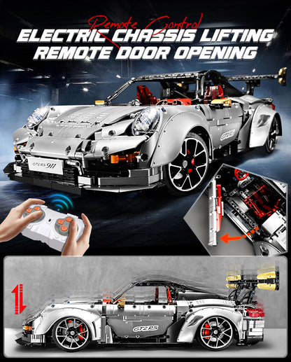 1:8 Sliver Porsche GT2 RS with Electric Suspension Lifting, Electric Doors Remote Control Model (3389 Pcs)