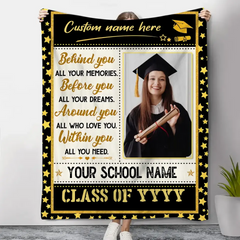 Personalisierte Decke „Behind You All Your Memories“, Geschenke zum Universitätsabschluss für Sie 2023, Abschlussdecke mit Bild 