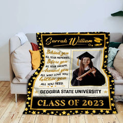 Personalisierte Decke „Behind You All Your Memories“, Geschenke zum Universitätsabschluss für Sie 2023, Abschlussdecke mit Bild 