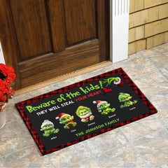 Beware the Kids, Gift for Family, Green Monster Kids - Personalized Door Mat, Christmas