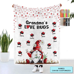 Grandma's Love Bugs Gnome - Personalized Blanket - Gift For Grandma