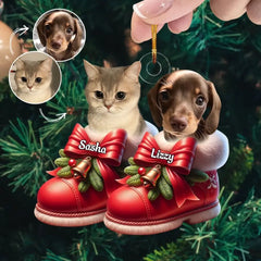 Süßes Haustier auf Weihnachtsschuhen – personalisiertes individuelles Foto-Glimmerornament – ​​Weihnachtsgeschenk für Haustierliebhaber, Haustierbesitzer