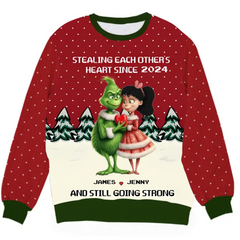 Sich gegenseitig das Herz stehlen, Paargeschenk, personalisierter gestrickter hässlicher Pullover, grüner Monsterpullover, Weihnachtsgeschenk