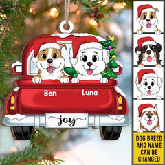 Hunde auf rotem LKW Weihnachten – personalisiertes Holzornament, Geschenk für Hundeliebhaber, Weihnachtsgeschenk, individuelles Hundeornament