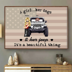 Personalisiertes „A Girl Her Dogs &amp; Her Jeep It's A Beautiful Thing Jeep Girl“-Lichtrahmen auf Leinwand, bedruckt