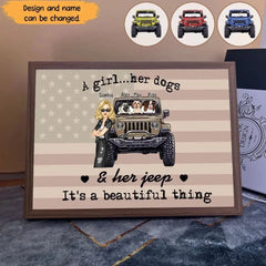 Personalisiertes „A Girl Her Dogs &amp; Her Jeep It's A Beautiful Thing Jeep Girl“-Lichtrahmen auf Leinwand, bedruckt