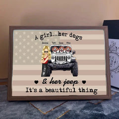 Personalisiertes „A Girl Her Dogs &amp; Her Jeep It's A Beautiful Thing Jeep Girl“-Lichtrahmen auf Leinwand, bedruckt