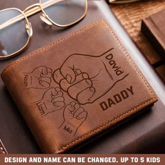 Personalized Hands Clenched Custom Father & Kid Names Gift for Dad Laser Leather Wallet