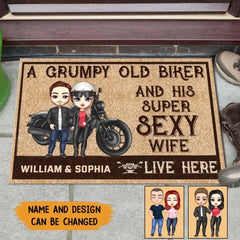 Personalized Couple Biker A Grumpy Old Biker And His Super Sexy Wife Live Here Doormat