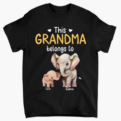 Personalize this grandma's clothes with elephant children's names printed on them