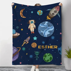 Personalisierte Weltraumrakete-Babydecke, Astronauten-Überwurfdecke, Alien, individuelles Design, Baby-Namensdecke für Kleinkinder, Kinder, Mädchen, Jungen 