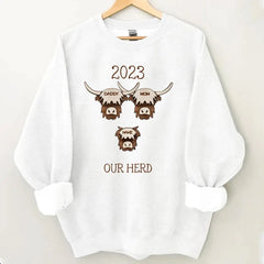 2023 Highland Cow Family Sweatshirt - Farmhouse Christmas Theme, Rustic Personalized Shirt for the Holidays