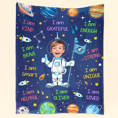 Kid Affirmations I Am Kind Smart Loved Astronaut – personalisierte Fotodecke 