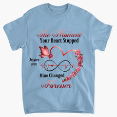 Memorial Butterfly Heart Infinity, Der Moment, in dem dein Herz stehen blieb, meins veränderte sich für immer, personalisiertes T-Shirt und Kapuzenpullover