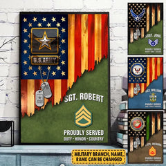 Personalisiertes Geschenk für Militärveteranen, Veteranen, individueller Rang und Namen, Veteranen, amerikanische rustikale Flagge, Poster auf Leinwand