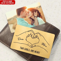 Two Souls One Heart with Couple Photo - Personalized Metal Wallet Card, Anniversary Gift for Him/Her/Wife/Husband/Finance