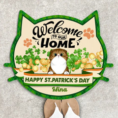 Welcome To Our Home, Happy ST. Patrick's Day, For Lovers Cat, Personalized Cat Face Shaped Doormat