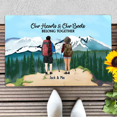 Our Hearts & Our Boots Belong Together - Personalized Gifts Custom Doormat for Couples, Hiking Lovers