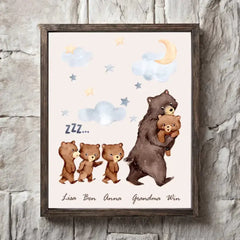 Personalized Grandma Bear & Kid Names Frame Poster Printed