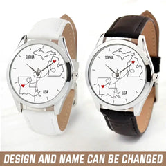 Personalized Map States Couple Gift Bestie Bestfriends Watch Leather Band Printed