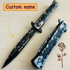 Engraved Black Rose Elegance Knife - A Chic Companion for Your Adventurous Spirit