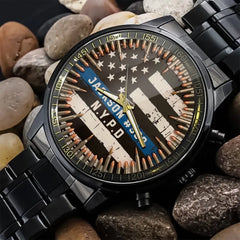 Personalized US Police Blueline Custom Name & Department Watch Printed