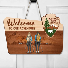 Custom Personalized Hiking Wooden Sign - Couple With Upto 3 Dogs - Gift Idea For Couple/ Hiking/ Dog Lover - Welcome To Our Adventure