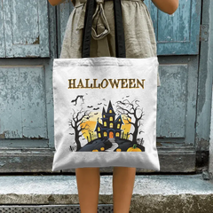 Trick or Treat Bag, Halloween spooky haunted house pumpkins canvas tote, Personalized Custom Customizable Name kids gift