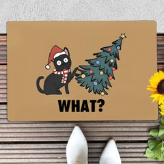 Santa Hat Kitten Plays Tricks with A Christmas Tree Interesting Design Doormat