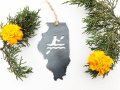 Illinois State Kayaker Ornament Made from Recycled Raw Steel Christmas Decoration Sustainable Gift Stocking Stuffer Lake River Adventure