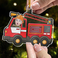 Kid Riding Fire Truck - Personalized Acrylic Photo Ornament