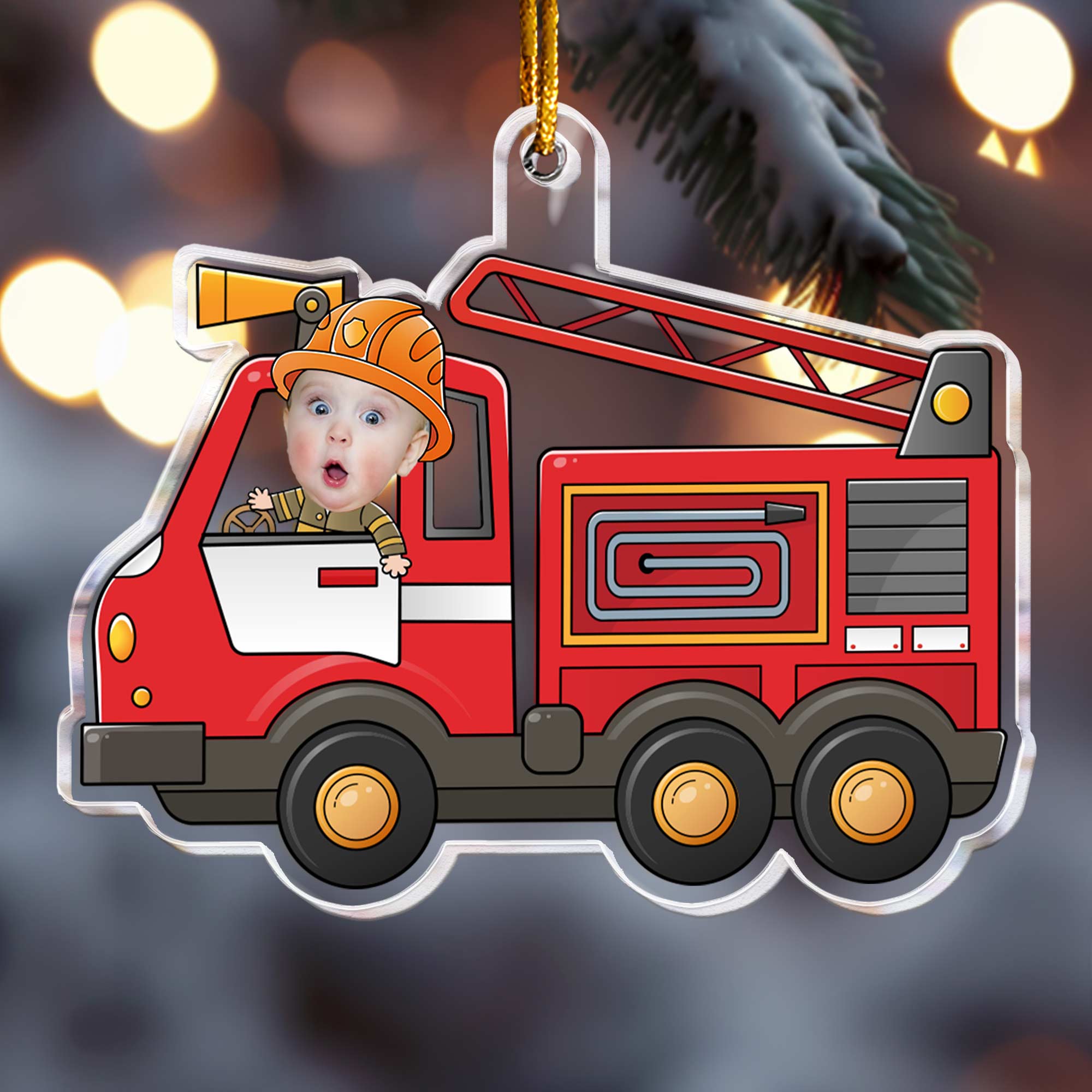 Kid Riding Fire Truck - Personalized Acrylic Photo Ornament – LakeAndWind