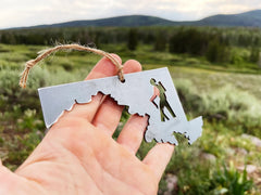 Maryland State Hiker Metal Ornament made from Raw Steel Anniversary Gift Holiday Gift Stocking Stuffer Sustainable Gift Hiking Gift