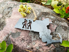 Massachusetts State Hiker Metal Ornament made from Mild Raw Steel Anniversary Gift Holiday Decoration Explore Hiking Buddy Gift