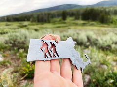 Massachusetts State Hiker Metal Ornament made from Mild Raw Steel Anniversary Gift Holiday Decoration Explore Hiking Buddy Gift