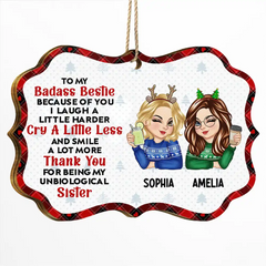 Because Of You I Laugh A Little Harder Christmas Best Friends - Personalized Medallion Wooden Ornament