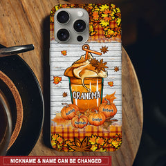 Grandma Mom Pumpkin Spice Latte Fall Season - Cross Leaves Pattern Personalized Phone Case