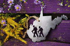 West Virginia State Hikers Metal Christmas Ornament Rustic Raw Steel WV Metal Holiday Decoration Stocking Stuffer Hike Hiking