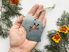 Wisconsin State Kayaking Ornament made from Recycled Steel with kayak Rustic Farmhouse Christmas Tree Decor Kayaker MADE in USA by US