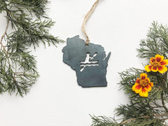Wisconsin State Kayaking Ornament made from Recycled Steel with kayak Rustic Farmhouse Christmas Tree Decor Kayaker MADE in USA by US