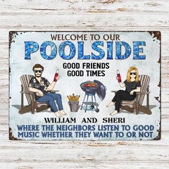 Poolside Grilling Listen To The Good Music Paar Ehemann Ehefrau – Hinterhofschild – personalisierte, individuelle, klassische Metallschilder