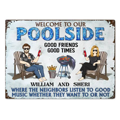 Poolside Grilling Listen To The Good Music Paar Ehemann Ehefrau – Hinterhofschild – personalisierte, individuelle, klassische Metallschilder