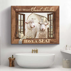 Lustige Tier-Badezimmer-Wandkunst, „Hello Sweet Cheeks Have A Seat“-Schild