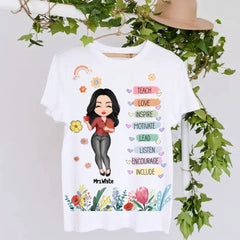 Lehrer-Blumen-Regenbogen-personalisiertes 3D-T-Shirt, Lehrer-Anerkennung, Dankeschön-Geschenk