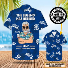 Personalized The Legend Has Retired, Not My Problem Any More, Blue Hibiscus Hawaiian Shirt For Grandpa