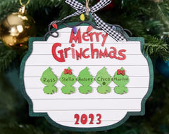 Personalisierter Familien-Weihnachtsschmuck, Grinch-Familienschmuck, Familie von 2-12 Ornamenten mit Haustierhund, Urlaubsandenken, Familie 2023