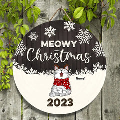 Weihnachts-Türdekorationen, Geschenke für Katzenliebhaber, Meowy Christmas Grey Wooden White Schneeflocke Willkommens-Türschilder, Geschenke für Katzenmama