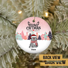 Personalisiertes Meowy Catmas Pinktone Circle Keramikornament – ​​personalisiertes dekoratives Weihnachtsornament für Katzenliebhaber