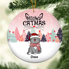 Personalisiertes Meowy Catmas Pinktone Circle Keramikornament – ​​personalisiertes dekoratives Weihnachtsornament für Katzenliebhaber