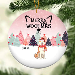 Personalised Merry Woofmas Pinktone Circle Ceramic Ornament - Personalized Dog Lovers Decorative Christmas Ornament